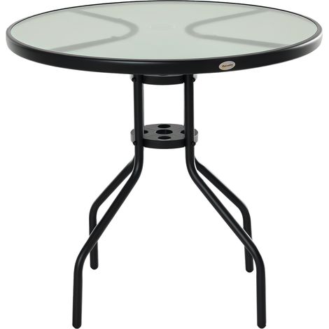 Tavolino da Giardino con Piano in Vetro Temperato e Foro per Ombrellone Acciaio Ф80 x 72 cm Nero