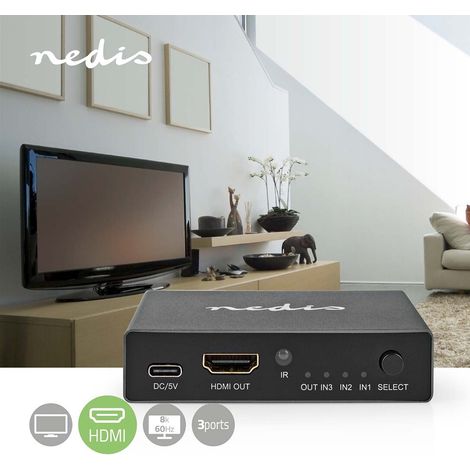 Nedis HDMI ™ Schalter / 3-Port port(s) / 3x HDMI™ Input / 1x HDMI™ Output / 8K@60Hz / 45 Gbps / ferngesteuert / Aluminium / Anthrazit