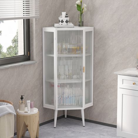 Placard d'angle au sol de 110 cm, trois étagères avec portes en verre trempé et étagères de rangement pour salle de bain, salon et chambre à coucher, blanc (1/4)