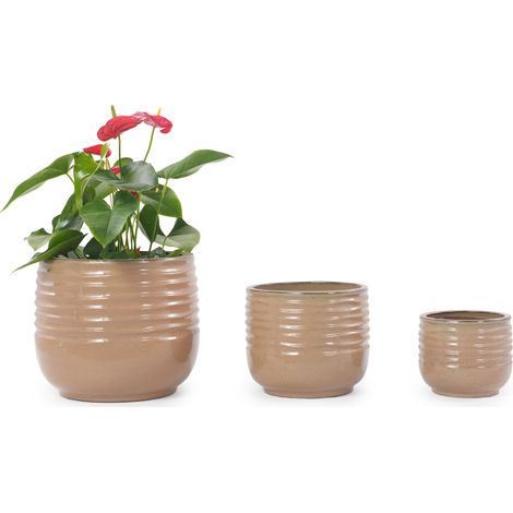Pot de fleurs en céramique brillant brun clair à rainures horizontales, respirant, résistant au gel, pour petites plantes d’intérieur et balcon CHICFURN (1/5)