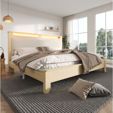 lit coffre 140x200 LED beige cord bois matelas OKMYHOME (1/5)