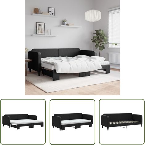 The Living Store Lit de jour avec lit gigogne et matelas noir 80x200 cm tissu - Canapé Convertible - Lit Tiroir - Literie - Meuble Multifonctionnel - Lit Invité (1/5)