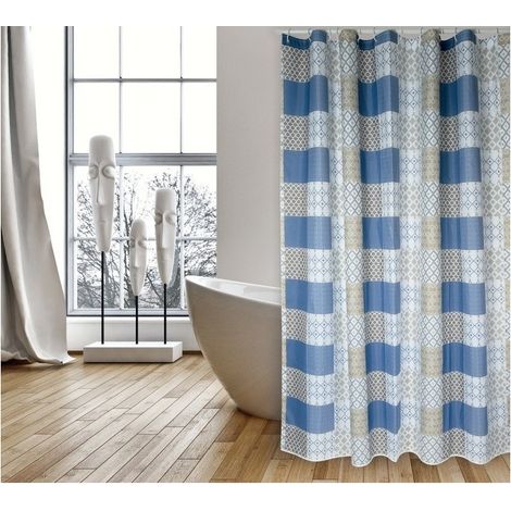 Rideau de douche Polyester CERAMIQUE 180x200cm QUALITE PREMIUM Bleu - Anneaux inclus MSV