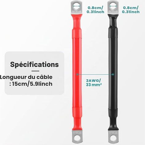 Thlevel Câbles d'onduleur de Batterie 2 Pièces 15cm Câble Automatique 33mm² 2AWG 12V avec Cosses à Anneau Fil Cuivre pour Camion Auto Moto Camping-Car Marine Solaire (1/4)