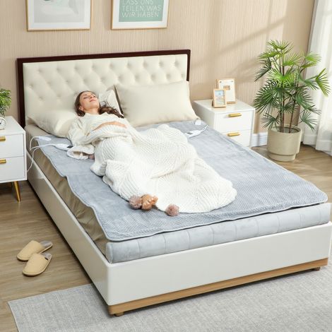 Couvre-lit chauffant 160x140 cm Gris Double commande 5 niveaux Chaleur Pile et Polyester Lavable en machine (1/5)