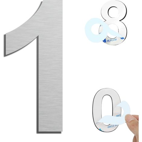 Argent (1) Numéro de maison extérieur moderne brossée，75mm Numéro de porte autocollant en acier inoxydable，Plaque de numéro de maison et Numéro de Boite aux Lettres. (1/5)