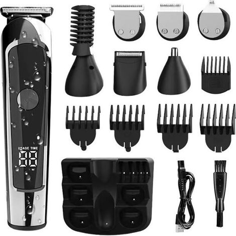 Tondeuse Cheveux Homme Professionnel,6 en 1 Tondeuse Barbe Nez Oreilles Cadeau Homme,Rasoir Electriques Étanche avec Peignes de Guidage et Écran à LED,Kit de Toilettage Tout en 1,Rechargeable USB (1/4)