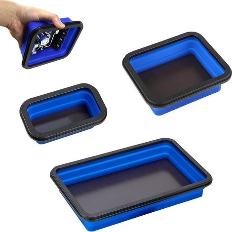 3-piece magnetic tray set, foldable tray, workshop accessory for small screws, nuts, washers and other small parts (blue) (1/5)