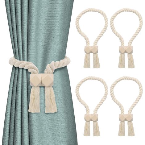Set de 4 Attaches Rideaux Magnétiques, Design à Aimants Puissants pour Rideaux Légers ou Épais, Fermeture sans Perçage au Style Moderne pour Salon, Chambre et Bureau, en Corde de Coton Beige (1/5)