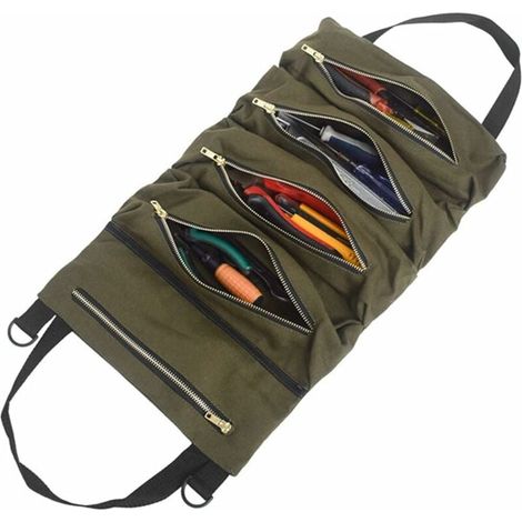 Bolsa de herramientas con 5 bolsillos con cremallera, bolsa de lona portátil, organizador automático enrollable para electricistas, fontaneros o mecánicos (verde militar) (1/5)