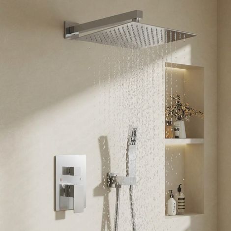Auralum Max Unterputz Duschsystem mit Messing Armatur - Regendusche Einbau 30x30 cm Edelstahl, Unterputz Duschset mit Handbrause & 2 Wasserunsflüssen, Chrom (1/5)
