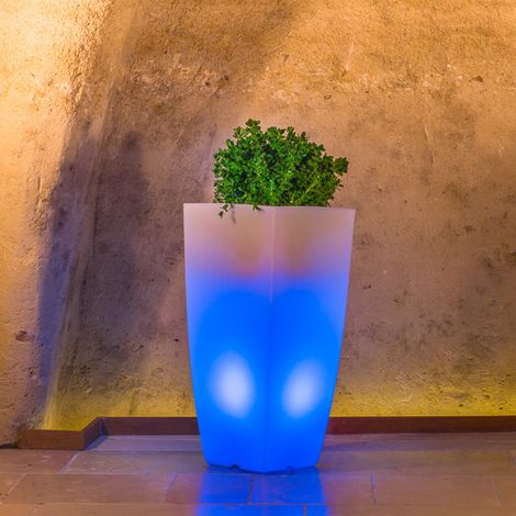 Vaso luminoso quadrato mod. Agave 33x33 cm h 70 con luce azzurra (1/4)
