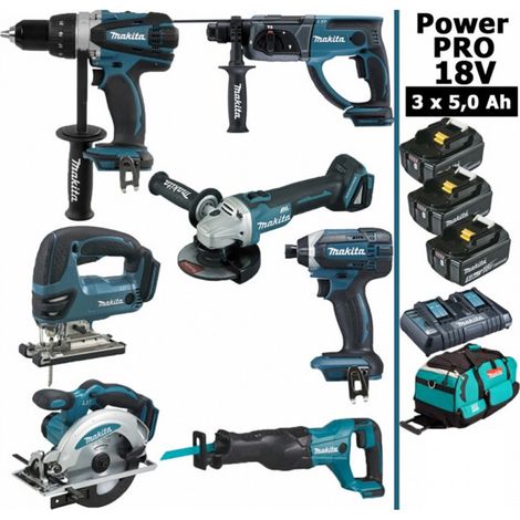 Pack Makita Power PRO 7 outils 18V: DDF458 + DHR202 + DGA504 + Visseuse DTD152 + DJV180 + DSS610 + DJR186 + 3 batt 5Ah + sac (1/5)