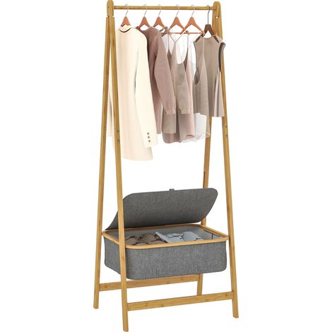 Portant à vêtements pliable en bambou avec panier en tissu et couvercle, idéal pour l'entrée ou la chambre, 60 x 44,5 x 157,5 cm, gris