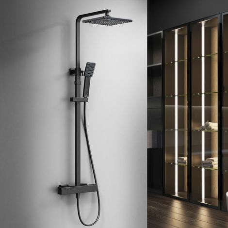 Duschsystem mit Thermostat Schwarz, Duscharmatur Edelstahl Regendusche mit Armatur, Duscharmatur Komplettset mit Regendusche Duschkopf, Verstellbarer Duschstange, Duschset (1/5)