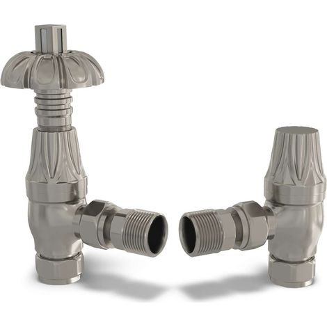 Signature Metal Head - Silver Nickel Thermostatic Radiator Valve & Lockshield Angled 8mm