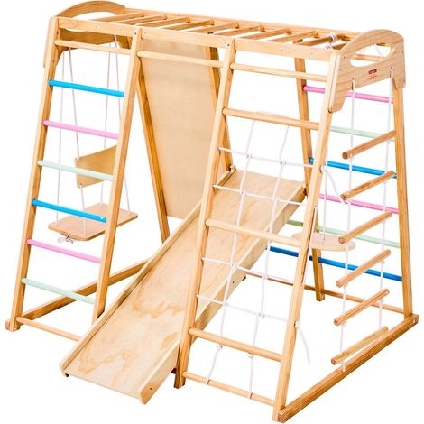 Aire jeu intérieure jungle gym 9 en 1, jouets Montessori tout-petits, 113 kg bois, barres, balançoires, toboggan, échelle, filet (1/5)