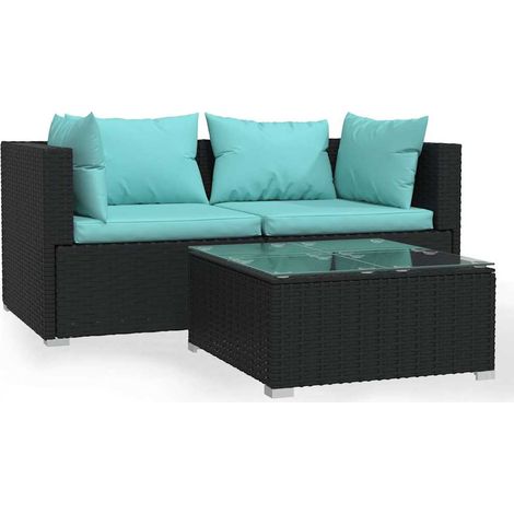 Salon de jardin bas 3 pièces en résine tressée avec table et coussins noir et turquoise (1/5)
