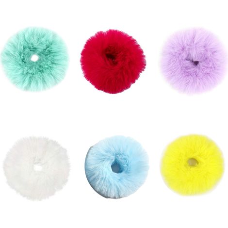 Scrunchie Fourrure Faux Lapin - Élastique Cheveux Fluffy - Accessoire Queue De Cheval - 6 Pièces (1/5)