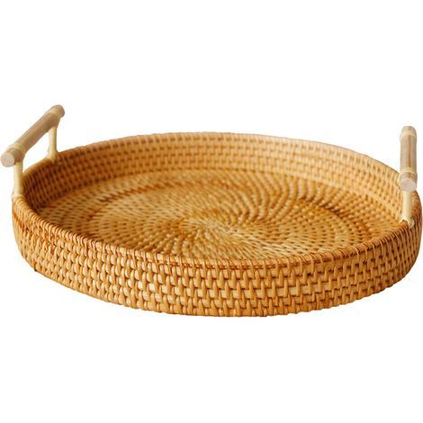 Plateau de service rond en rotin tressé à la main, panier à pain, fruits, desserts et collations avec poignées. Diamètre : 28 cm, hauteur : 4 cm. (1/5)