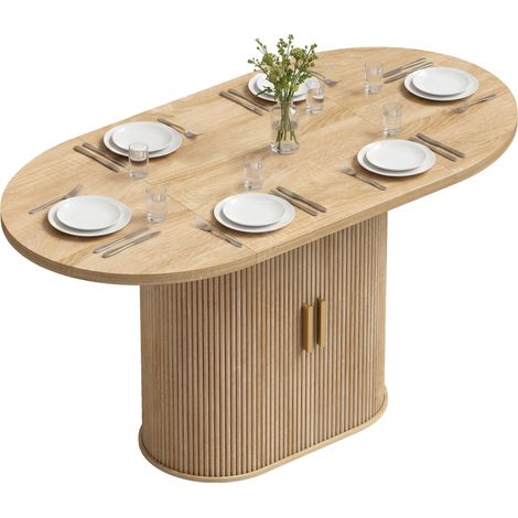 HOMCOM mesa de comedor ovalada para 6 personas con tablero grueso, puertas correderas tipo persiana, 6 compartimentos, 140x70x75 cm, roble (1/5)