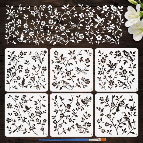 6Pcs Pochoir de Peinture Oiseau Fleur Avec Pinceau Pochoirs Réutilisable 30x30cm Représentant Des Oiseaux sur Un Arbre Modèle Dessin Thème Animalier Pochoir DIY pour Bois Tissu Décor (1/5)