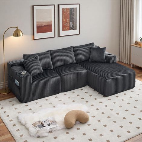 Canapé modulaire 3 place,Canapé d'angle en L avec poches latérales et porte-gobelet,canapés de compression,Tissu velours côtelé,257x160x62cm(Gris)