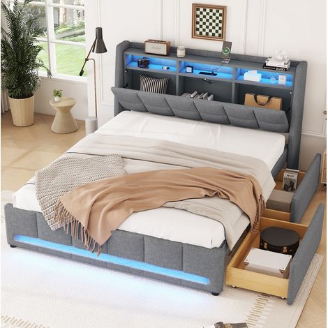 Letto adulto 140x200 cm con 2 cassetti, porta USB, testiera con vano portaoggetti e LED con telecomando, in lino, grigio, senza materasso (1/5)