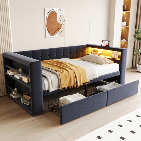 Cama multifuncional 90x190 cm de flanela gris oscuro, con LED, enchufes y 2 cajones (1/5)