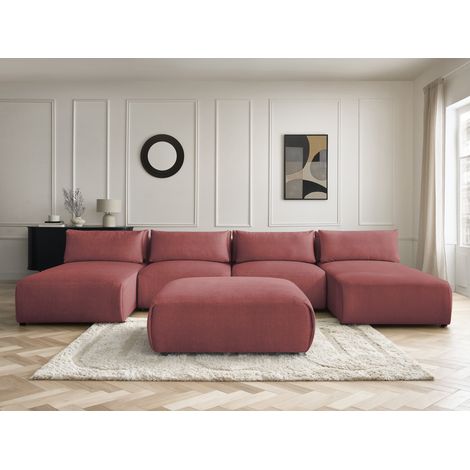 BOBOCHIC - Canapé panoramique fixe modulable avec têtières JANA tissu velours avec 2 méridiennes, 2 chauffeuses et 1 grand pouf Orange (1/3)