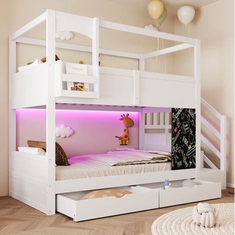 Letto a castello bambino 90x200 cm stile casetta con contenitore, lavagna removibile, scala, legno bianco (1/5)