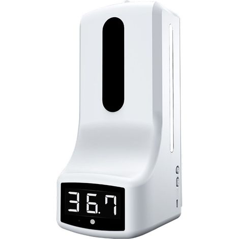 Distributeur de savon liquide automatique à capteur infrarouge avec thermomètre digital, récipient mural pour salle de bain et cuisine, matériau ABS résistant, pack de 1, design moderne argenté (1/5)