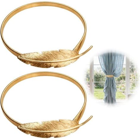 Lot de 2 embrasses à rideaux dorées, fixation sans perçage, motif plume, 38 cm, déco salon chambre. (1/5)