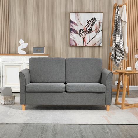 2 Sitzer Sofa, Couch mit Holzbeine, Leinenoptik, Gepolsterter Polstersofa, Doppelsofa im Modern-Stil für Wohnzimmer, Schlafzimmer, Grau (1/5)
