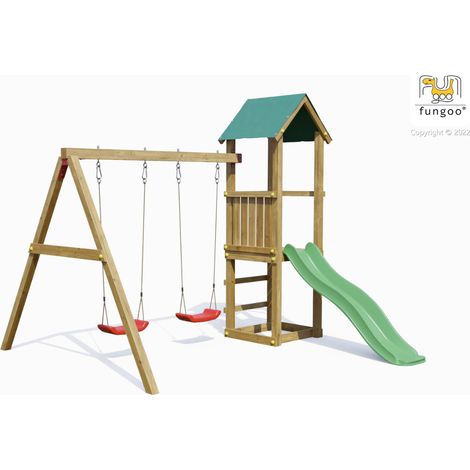 Fungoo Spielturm "Lucas", natur, mit Doppelschaukel, Rutsche und Holzdach