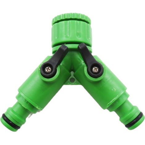 Conector en Y de plástico verde para grifo, válvula antifugas y junta de estanqueidad, ideal para riego de jardines y exteriores. (1/5)