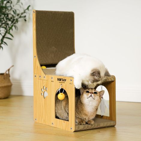 Griffoir pour chat en carton avec maison intégrée, grattoir vertical et horizontal 2-en-1 avec jouets suspendus et herbe à chat (1/5)