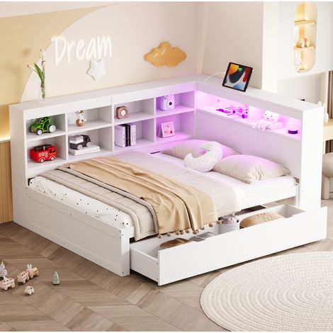 Cama sofá 140x200 cm blanca de madera con cajones, LED y puerto USB (1/5)