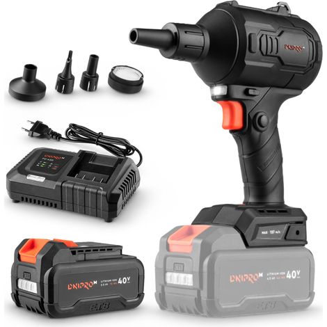 Soplador a batería Dnipro-M 40 V, motor sin escobillas, 127 m/s, 4 velocidades, función de inflado y batería 2 Ah con cargador (1/5)
