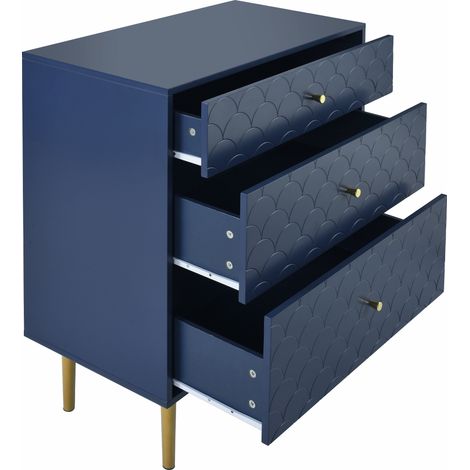 Commode à 3 tiroirs, buffet haut pour chambre à coucher et tous les espaces de vie, bleu marine-H89/B75/T40 cm