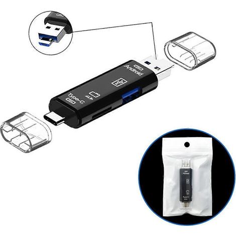 3-in-1-Kartenleser mit OTG-Funktion, unterstützt USB 2.0/Typ C, Schwarz (1/5)