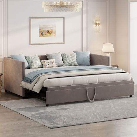 Canapé-lit 90x200 cm avec accoudoirs rembourrés, velours beige, cadre en métal, sans matelas