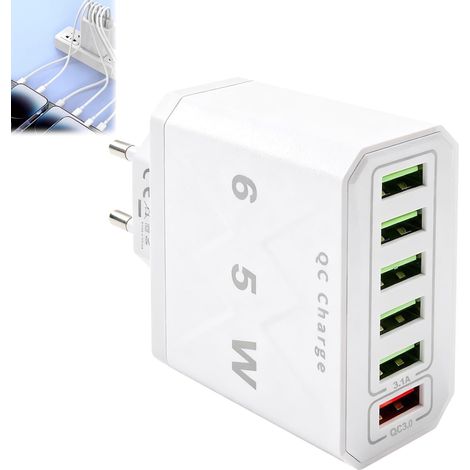 Chargeur USB Multiple 65W 6 Ports, Prise USB-A QC3.0, Adaptateur Secteur  Prise USB multiple, compatible avec 15, tablettes, écouteurs, maison, bureau, voyage, charge partagée 65W (1/5)