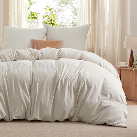 Housse de Couette 200 x 200 cm - Beige, 2 Taies d'oreiller 65 x 65 Parure de Lit Adulte avec 2 Taies d'Oreiller, Aspect Coton, Doux et Résistant, Idéal pour Lit Double (1/5)