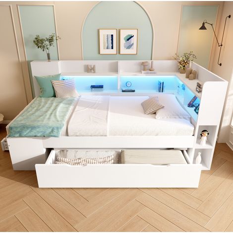 Lit daybed moderne en bois blanc 90x190 cm avec USB, USB-C, LED, étagères et tiroirs (1/5)