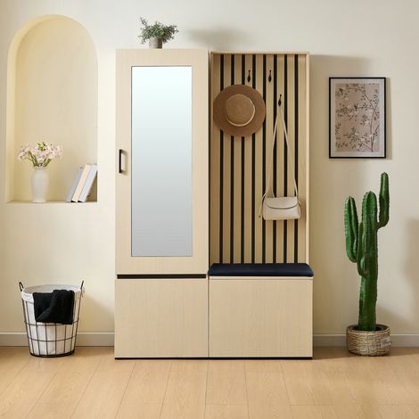 Mueble de entrada con espejo y banco zapatero - Armario recibidor de pasillo moderno con barra extensible estantes y 4 ganchos percheros de madera mdf - Madera y negro