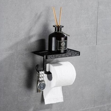 Portarotolo igienico per carta igienica con mensola per cellulare, montaggio a parete per bagno, stile retrò vintage (nero) (1/4)