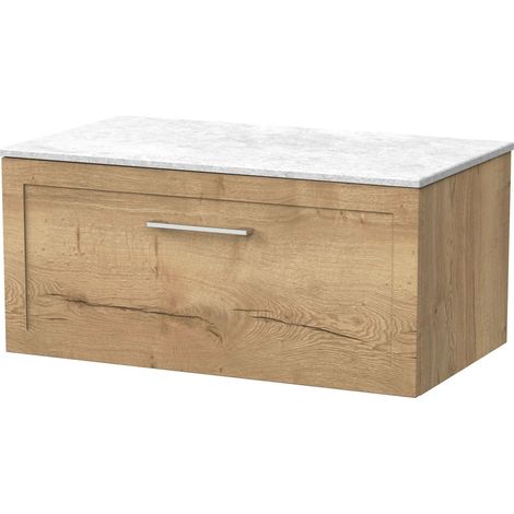 Stonnall Traditional Wall Hung 1 Drawer Vanity Unit with White Marble Top, 800mm, Autumn Oak