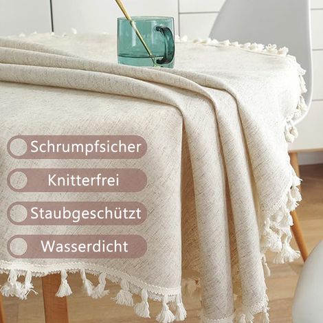 Beige Tischdecke Rund Abwaschbar Leinen Baumwolle Tischtuch Knitterfrei Staubdicht mit Quasten für Küche, Esszimmer, Esstisch, Couchtisch, Gartentisch – 120cm