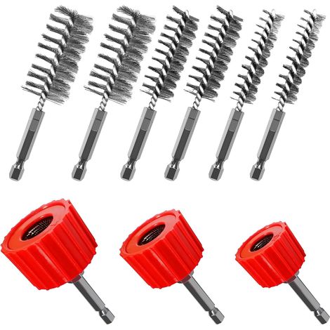 Copper pipe cleaner for drilling,  includes 3 pipe cleaning brushes (1/2",  3/4",  1") and 6 stainless steel wire drill brushes,  copper pipe cleaner set (1/5)